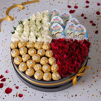 Eternal Love Round  New Year Gift Fresh Red Rose and white rose with Ferrero and kinder Chocolate Giftset Buy valentine Online for specialGifts