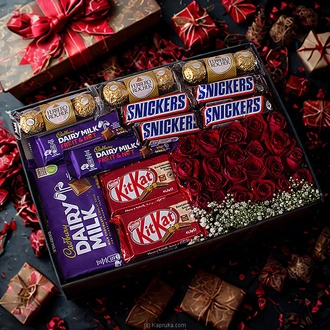 Choco Affections Bloom- Fresh 20 Red Roses with Ferrero Cadbury and KitKat Chocolates Buy valentine Online for specialGifts