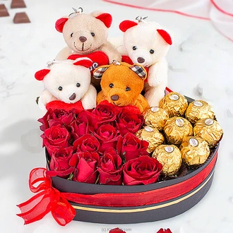 Love`s Sweet Embrace Box Arranged with 12 Fresh Red Roses and 8 Ferrero chocolates with tiny teddies Buy valentine Online for specialGifts