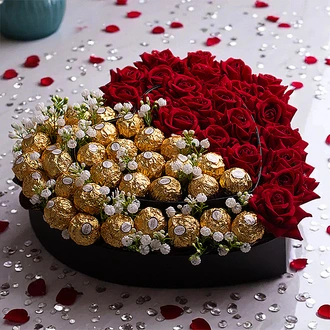 Eternal Embrace Heart Box With Ferrero Chocolates And Silk Roses  Online for none