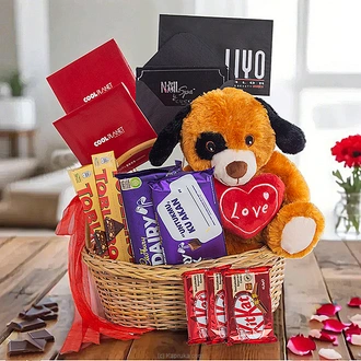 Puppy Love Pamper Basket with cuddly puppy ,gift vouchers and chocolates Buy valentine Online for specialGifts
