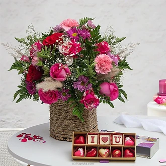 Sweet Blossom Romance Flower Arrangement with JAVA 10 Piece Chocolate Assortment Buy valentine Online for specialGifts