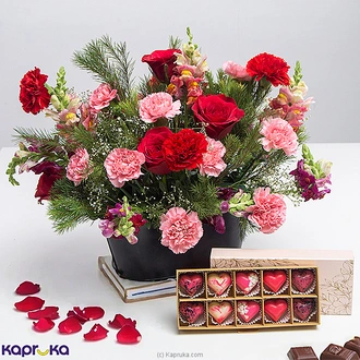 `Hearts  Blooms Forever ` Flower Arrangement  with Ten Piece Java Chocolate  Assortment Buy valentine Online for specialGifts