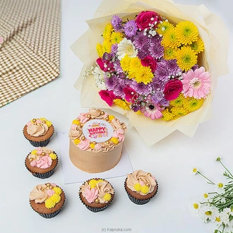 Happy Birthday Blossom  bento cake with five cupcakes and flower bouquet Buy mother Online for specialGifts