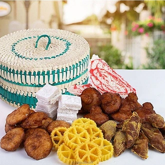 New Year Kewili Hamper In Round Pan Basket- Top Selling Avurudu Premium Kevili Hampers In Sri Lanka Buy NA Online for specialGifts