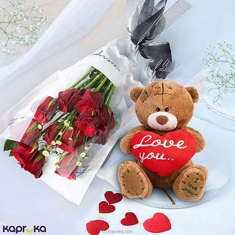 12 Red Roses And Heartfelt Harry Teddy Bear Combo Buy combo gift pack Online for specialGifts