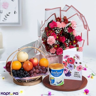 Wellness And Love Get Well Soon Hamper With Fruit Basket, Rose Bouquet And Entrasol Supplement Buy Best Sellers Online for specialGifts