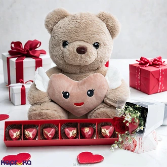 Blush Of Love Combo With A Cuddly Teddy Bear, A Single Red Rose,  Online for none