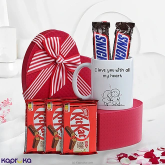 Red Cocoa Affair Gift Box With 2 Snickers Bars, 3 Kit Kat Chocolates And Mug Buy Chocolates Online for specialGifts
