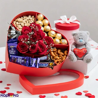 Romance Ready Heart Box With Red Roses, Ferrero Rocher, Cadbury,  Online for none