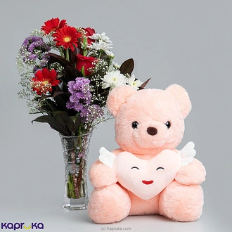 Love In Full Bloom Gift Set With Red Roses In A Glass Vase And Pink Teddy Buy combo gift pack Online for specialGifts