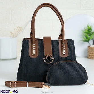 Bronze Crest Ripple Texture Structured Handbag 2pcs Black  Online for none