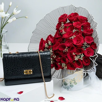 Midnight Romance Luxe Set with sling fashion handbag and 50 red roses Buy Best Sellers Online for specialGifts