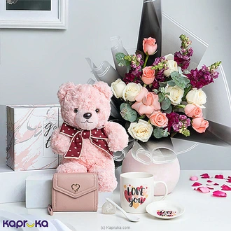 Timeless Love  Joy Box Set With Flower Bouquet With 6 Pink And 6 White Roses, Mug, Coin Wallet, And Teddy Soft Toy Buy combo gift pack Online for specialGifts