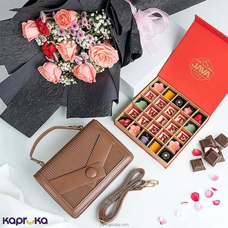 Her Heart`s Delight Gift Set With Chocolate Box, Fashion Handbag, And Pink Rose Bouquet Buy Best Sellers Online for specialGifts