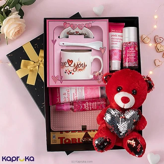 Pink Vibes Gift Set With Teddy, Janet Beauty Essentials, Love You Mug Gift Set, And Toblerone Chocolate at Kapruka Online