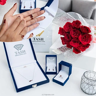 Rose And Garnet Embrace Gift Set With 12 Red Rose Bouquet And Pure Silver Natural Red Garnet Stone Jewellery Set Buy NA Online for specialGifts