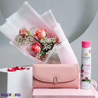 Petals And Grace  Gift Set With Pink Rose Bouquet, Yardley Body Spray, And A Pink Cloud Charm Flap Wallet Buy Best Sellers Online for specialGifts