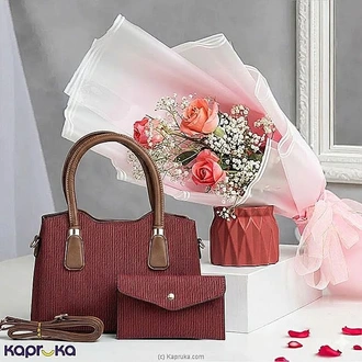 Roses Radiance  Gift Set With Triple Pink Rose Bouquet And Handbag Buy Best Sellers Online for specialGifts