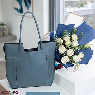 Blue Grace Gift Set With White Rose Bouquet And Tote Handbag Buy combo gift pack Online for specialGifts