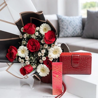 Red Mist Gift Set With Red Rose Bouquet, Wallet, And Spa Ceylon Eau De Perfume Buy combo gift pack Online for specialGifts