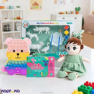 Rainbow Kids Pack With A Doll, Painting Set, Popit Bag, Sand Set, And Card Craft Set Buy combo gift pack Online for specialGifts