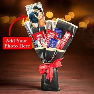 Romantic Valentine Chocolate Bouquet With Customizable Photo And Couple Figure Buy personalized gifts Online for specialGifts