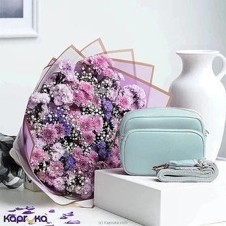 Blushing Grace Gift Set With Purple Romance Bouquet And Rihana Women`s Crossbody Bag Buy combo gift pack Online for specialGifts
