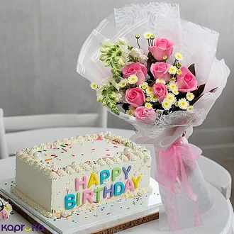 Birthday Bliss Combo With Classic Loaf Cake and Pink-Rose Bouquet Buy Best Sellers Online for specialGifts