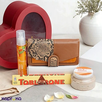 Elegant Bliss Gift Set  With One Toblerone, Wallet ,Janet Sandalwood Mud Pack , Janet Orange Bloom Perfumed Body Mist  With A Red Box Buy Kapruka Online for specialGifts