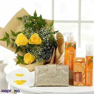 Sunshine Elegance Gift Pack With LuvEsence Mandarin Collection,Wallet And Yellow Rose Bouquet Buy Best Sellers Online for specialGifts