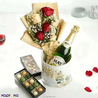 Christmas Blush and Bubbles Delight Combo with Rose Bouquet, 12-Piece White Chocolate Assortment and MAY Non-Alcoholic Sparkling White Grape Buy combo gift pack Online for specialGifts