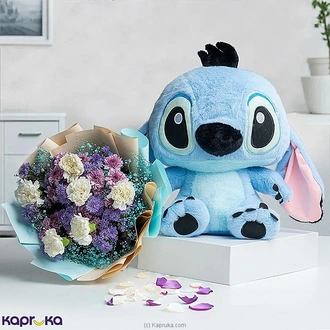 Stitch Plush Toy With White Purple Blue Mixed Flower Bouquet - Gift Combo Buy Gift Sets Online for specialGifts