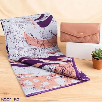 White Batik Saree With Purple  Orange Abstract Design  Pink Quilted Wallet Gift Combo Buy Best Sellers Online for specialGifts