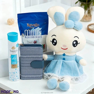 Sweet Elegance Gift Combo With Miss Mopsy Bunny, Revello Mini Chocolates, Blue Woven Wallet And Yardley Lace Body Spray Buy combo gift pack Online for specialGifts