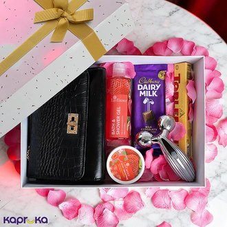 Valentine`s Elegant Love Gift Box With Stylish Black Handbag, LuvEsence Shower Gel, Body Butter , Roller Massager ,Chocolates Buy Kapruka Online for specialGifts