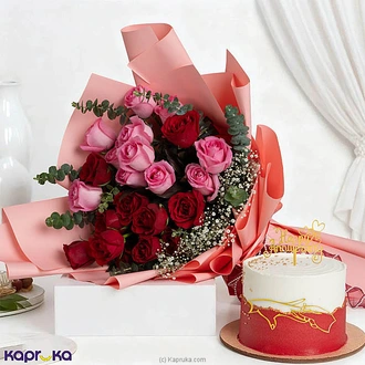 Blush Promise Anniversary Combo - Red and Pink Roses Bouquet with Ribbon Cake Buy NA Online for specialGifts