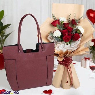 Timeless Love Valentine Collection With Red Handbag And Harmony Bouquet - 9 Red Roses With White Carnations Buy valentine Online for specialGifts