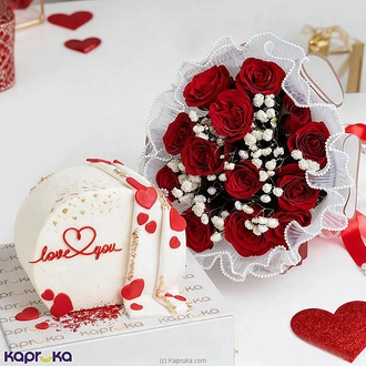 Love You Valentine Surprise Combo With Ribbon Cake and 12 Red Roses Bouquet Buy combo gift pack Online for specialGifts