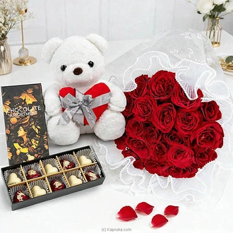 Love in Every Moment Valentine Combo With  20 Red Roses Bouquet, Love Teddy and Kapruka Chocolates Buy combo gift pack Online for specialGifts