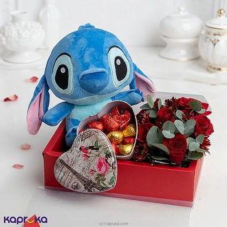 Valentine`s Cuddly Love ~ Stitch with Roses and Chocolates Combo Buy valentine Online for specialGifts