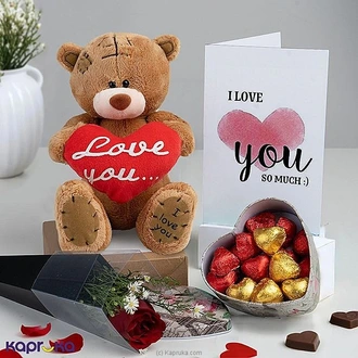 Love You So Much - Teddy Hug, Chocolate Heart Snd Single Rose Gift Set Buy valentine Online for specialGifts