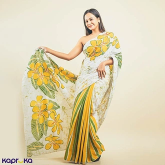 White Batik Saree With Yellow Floral Design  Online for none