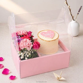 Pink Bloom And White Ribbon Bento cake Delight For Mother`s Day Buy combo gift pack Online for specialGifts