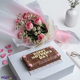 Sweet Blossom Indulgence Milk Chocolate Coffee Fudge Brownie with Pink Roses Combo for Mother`s Day Buy mothers day Online for specialGifts
