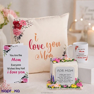 Love You Mom Collection With Ribbon bento cake, Mug, Pillow And Greeting Card for Mother`s Day Buy combo gift pack Online for specialGifts