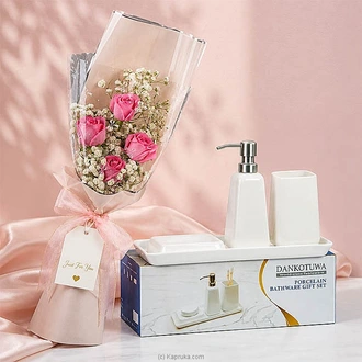 Elegant Blush Bath Accessories with four Pink rose bouquet for Mom Buy NA Online for specialGifts