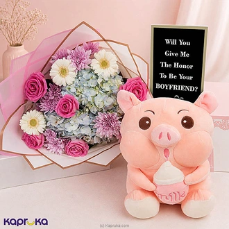 Forever Yours Gift Combo With Chubby Cheek Piggy, Roselle Hydrangea Bouquet And Love Greeting Card For Girlfriend`s Day Buy Girlfriends Day Online for specialGifts