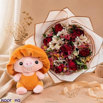 Peaches Piggy And Crimson Embrace Bouquet Gift Combo For Girlfriend`s Day Buy New Additions Online for specialGifts
