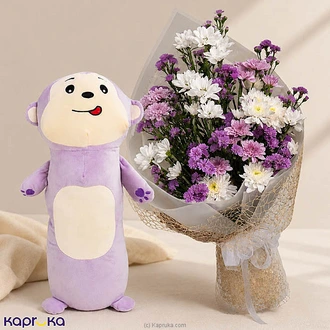 Dreamy Hugs Gift Combo With Rolo Monkey Pillow And Purple Twilight Chrysanthemum Bouquet For Girlfriend`s Day Buy New Additions Online for specialGifts